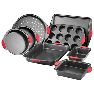 VEVOR Baking Pans Set, 8-Piece, Nonstick Carbon Steel Cookware Sheets & Trays, Stackable Kitchen Oven Bakeware Cooking Sets with Silicone Handles, Easy to Clean, for Baking Cookie Cake Muffin Bread