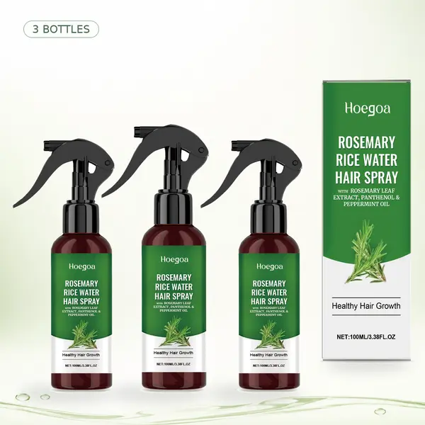 【3 bottles】HOEGOA Rosemary Rice Water Hair Spray with Peppermint & Panthenol, Lightweight Leave-In Scalp & Hair Care Mist for Stronger, Smoother, Shinier Hair, 100ml
