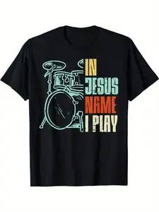 Drum Design Black T-Shirt IN JESUS NAME I PLAY Graphic Tee for Music Lovers and Christian Drummers Casual Cotton