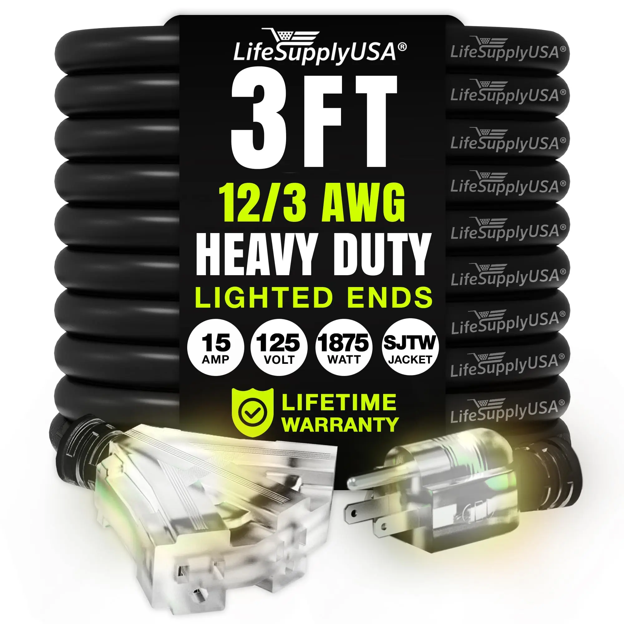 Outdoor/Indoor Extension Cord 3-Outlet Heavy Duty 3 Prong SJTW, Waterproof, Flexible Cold-Resistant Long Power Cord by LifeSupplyUSA, Lighted Ends, Three-Prong
