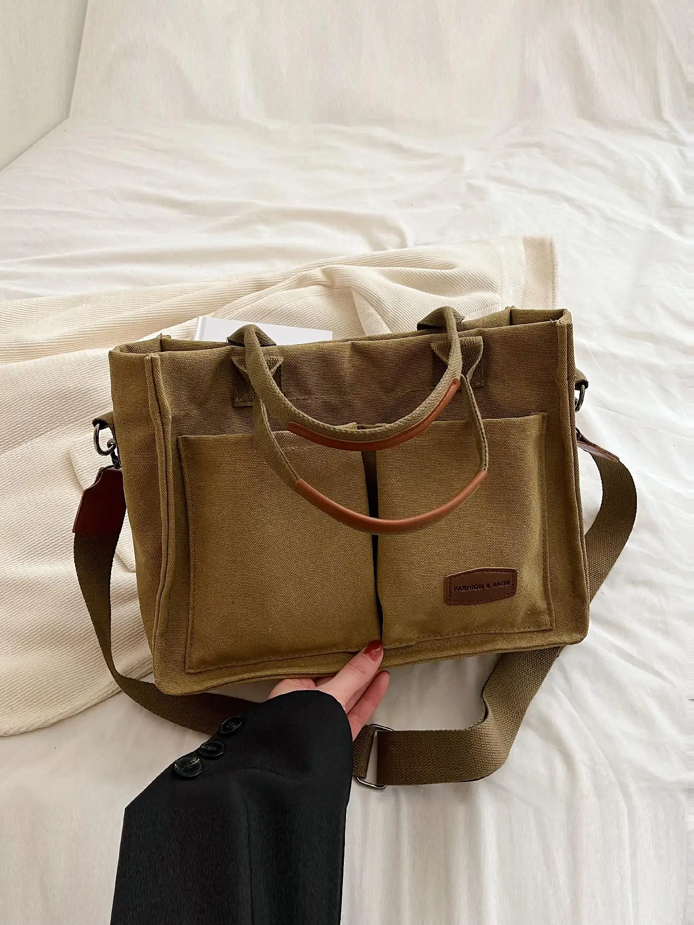 Fashionable Plain Canvas Tote Bag, Casual Large Capacity Shoulder Bag for Women & Men, Trendy Versatile High-quality Daily Commuting Bag, Girl Fashion