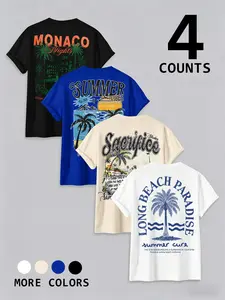 4-Pack Men's Graphic Round Neck T-Shirts, Retro Monaco Nights & Sacrifice Studios Prints, Vintage California Los Angeles Palm Tree Design, Summer Vibe Streetwear, Casual Tees for Vacation & Daily Wear
