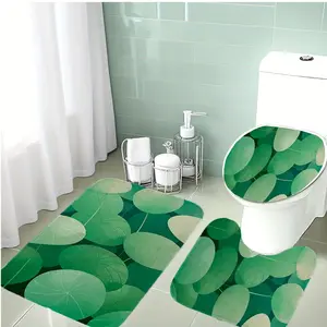 3-Piece Bathroom Mat Set, Natural Leaf Pattern, Soft Flannel Material, Non-Slip Toilet Cover Pad, U-Shaped Rug, Holiday Decoration