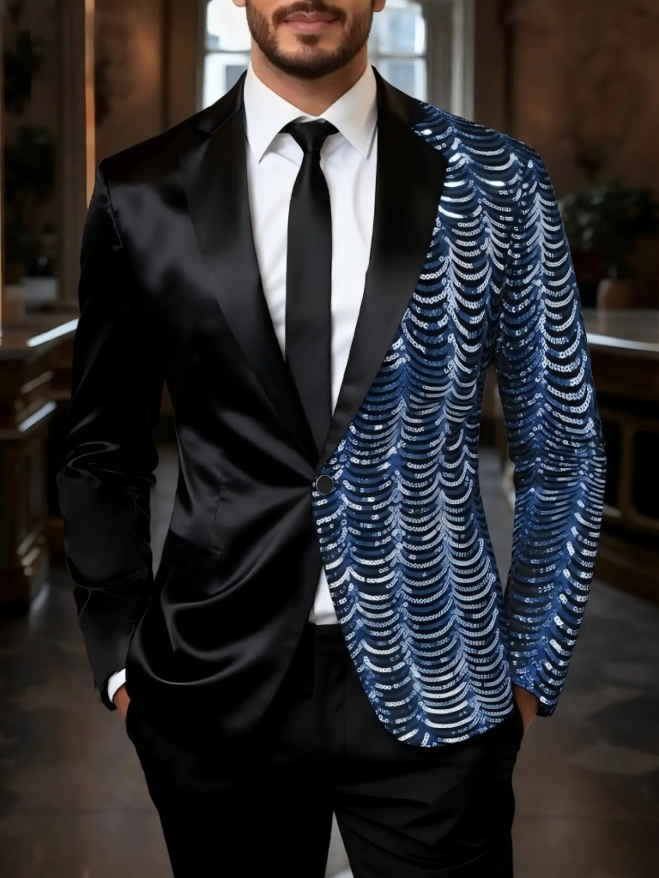 Men's Multicolor Sequin Blazer Jacket, Long Sleeve, Menswear, Fashionable and Trendy, Perfect for Stage Performances, Nightclubs, Parties, Events, Formal Wear