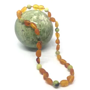 Woodsman Unpolished Necklace with Honey Baltic Amber & Green Chrysoprase Beads for Happiness Balance Prosperity & Sleep Aid