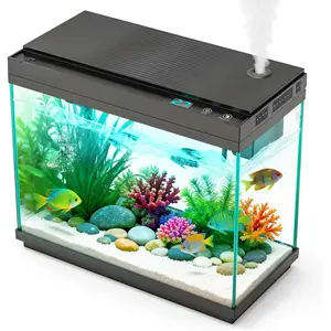 Smart Aquarium Fish Tank 2.4 Gallon Small with Silent Water Pump Temperature Display RGB Lights Quick Start Kit Humidifier for Home Office