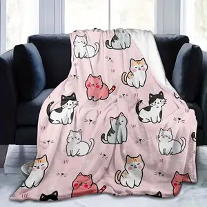 Soft Funny Throw Blanket Plush Flannel Cat Blanket - Geometric Cat Faces & Paw Print Design, Lightweight All-Season Cozy Throw for Sofa, Bed, Living Room - Perfect Gift for Cat Lovers & Pet Owners, Multiple Sizes Available
