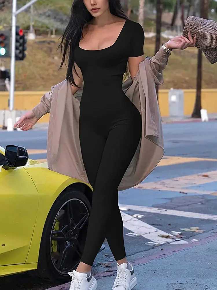 Women's Rompers Short Sleeve Solid Skinny Bodycon Jumpsuits Fashion Sports Fitness Casual