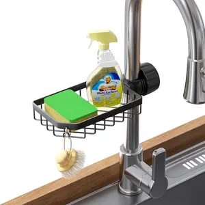 Sponge Holder Over Faucet Kitchen Sink Caddy Organizer, Stainless Steel Detachable Hanging Faucet Drain Rack for Bathroom, Scrubbers, Soap, (Black)