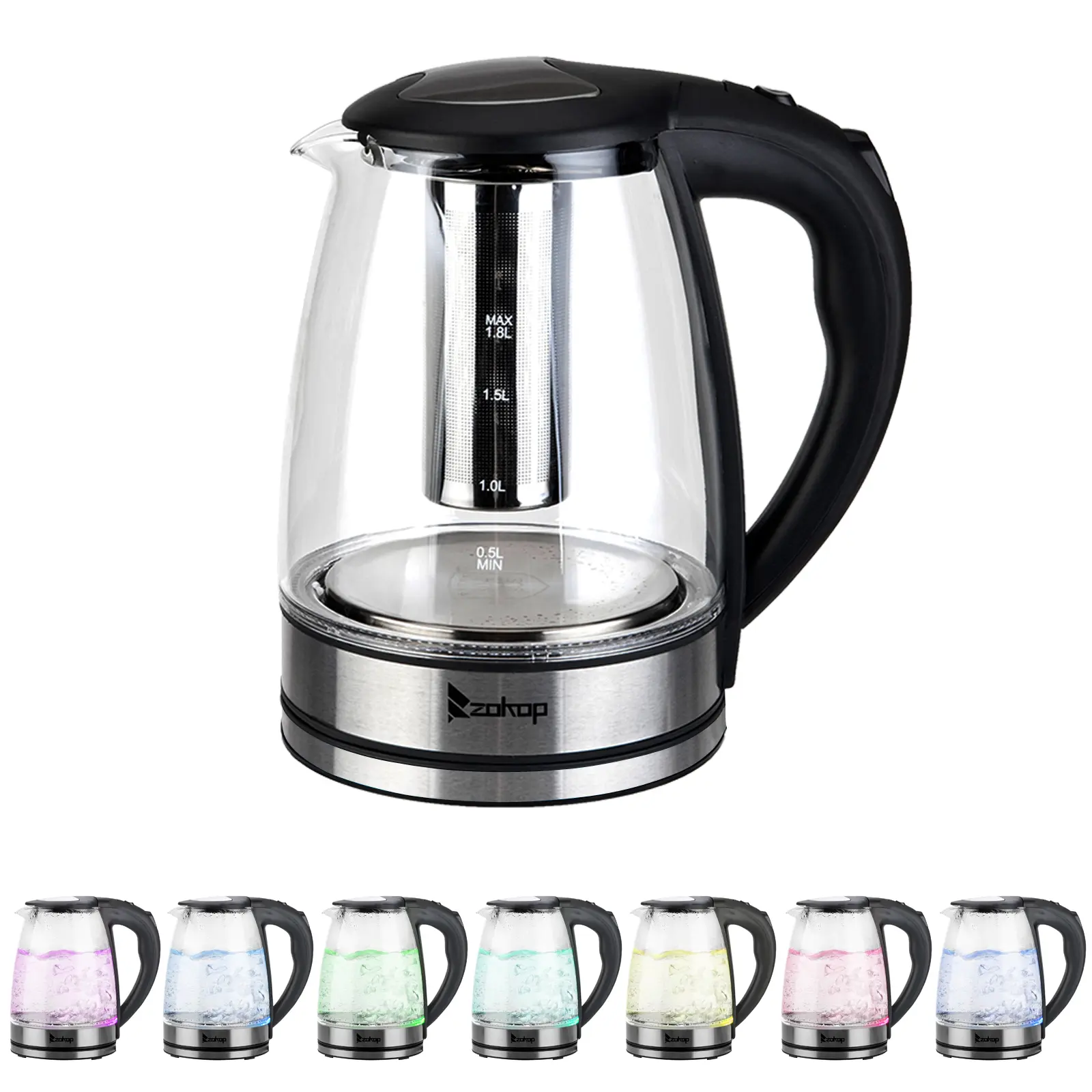 ZOKOP 1200W/1.8L Electric Glass Kettle US Plug, LED Light, Auto 5 Minutes Shut-off, Boil Dry, Overheat Protection, BPA-Free, for Coffee, Tea, Soup, and More
