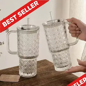 Viral 2pc Diamond Pattern Glass Tumbler Set - Aesthetic Iced Coffee Cups with Lids & Straws - 25oz Reusable Travel Cups for Hosting, Milk Tea & Home Bar Decor - Clear Glassware Essential