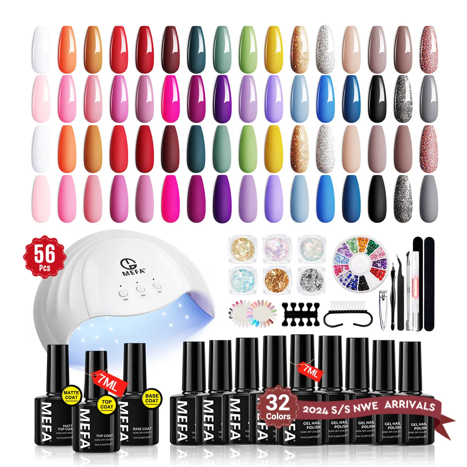 MEFA 56 Pcs Gel Nail Polish Kit with U V Light 48W Nail Dryer, 32 Colors Nude Pink Gray Gel Nail Polish Set with Base and Matte/Glossy Top Coat Nail A