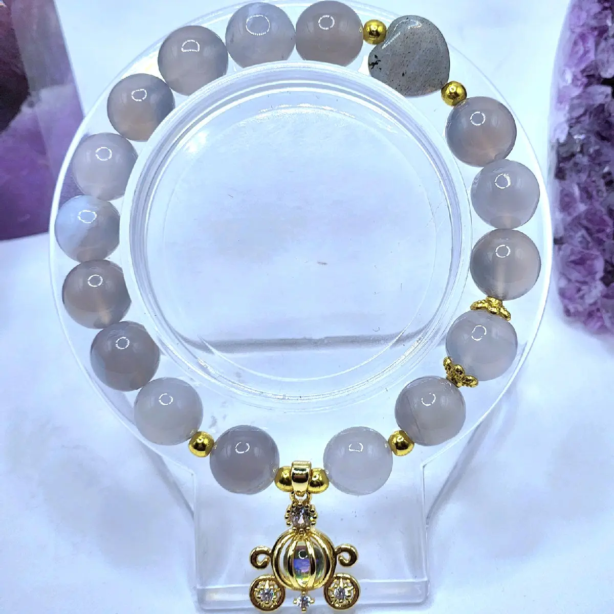 Quartz Crystal Bracelet with Labradorite Carved Heart Accent and Zircon with Gold Cinderella Dangle Charm