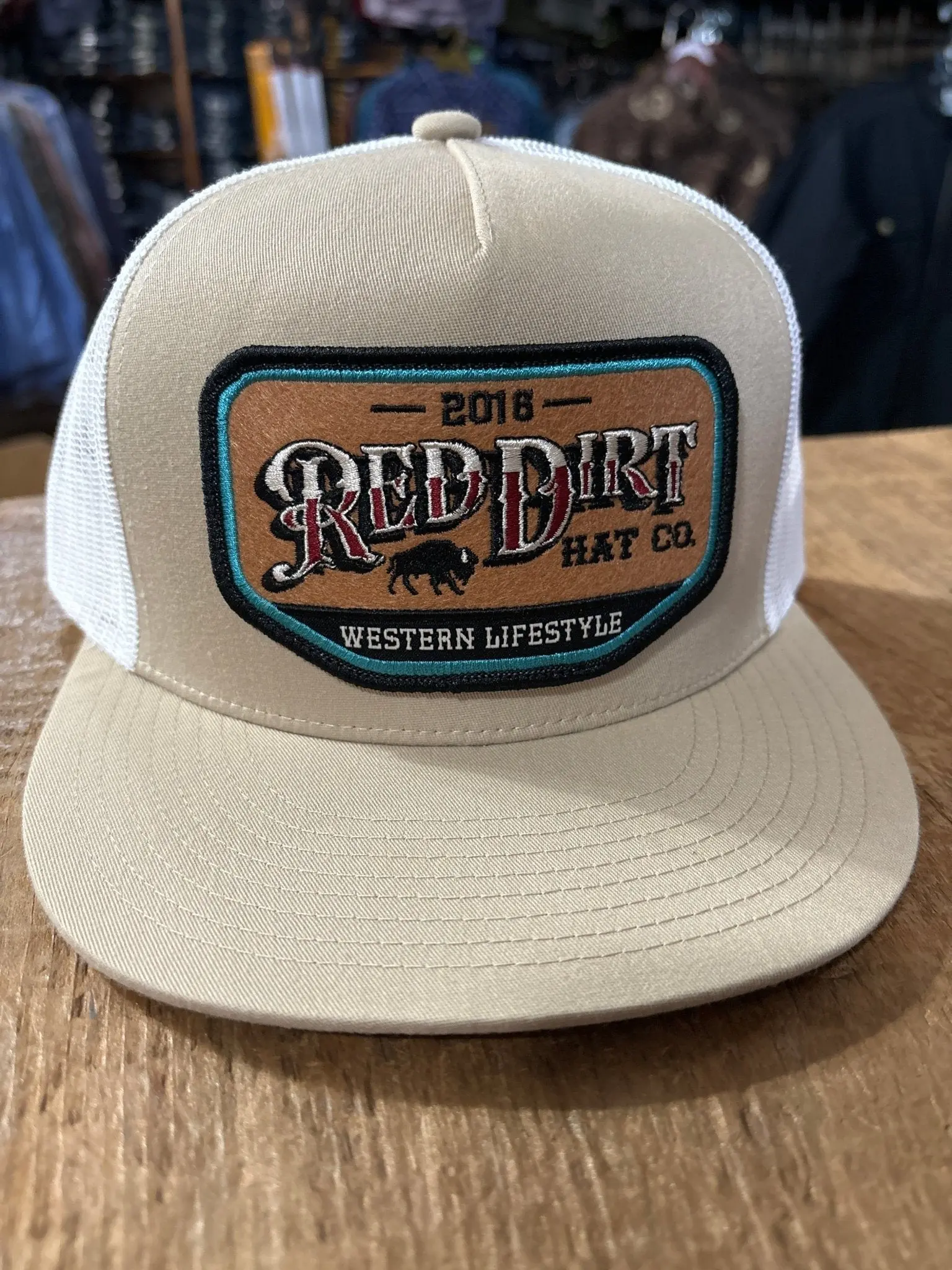 Red Dirt Hat Co Classic Structured Trucker Hat, Western Lifestyle Patch, Adjustable Snapback - Khaki/White | RDHC-484, Structured Hat