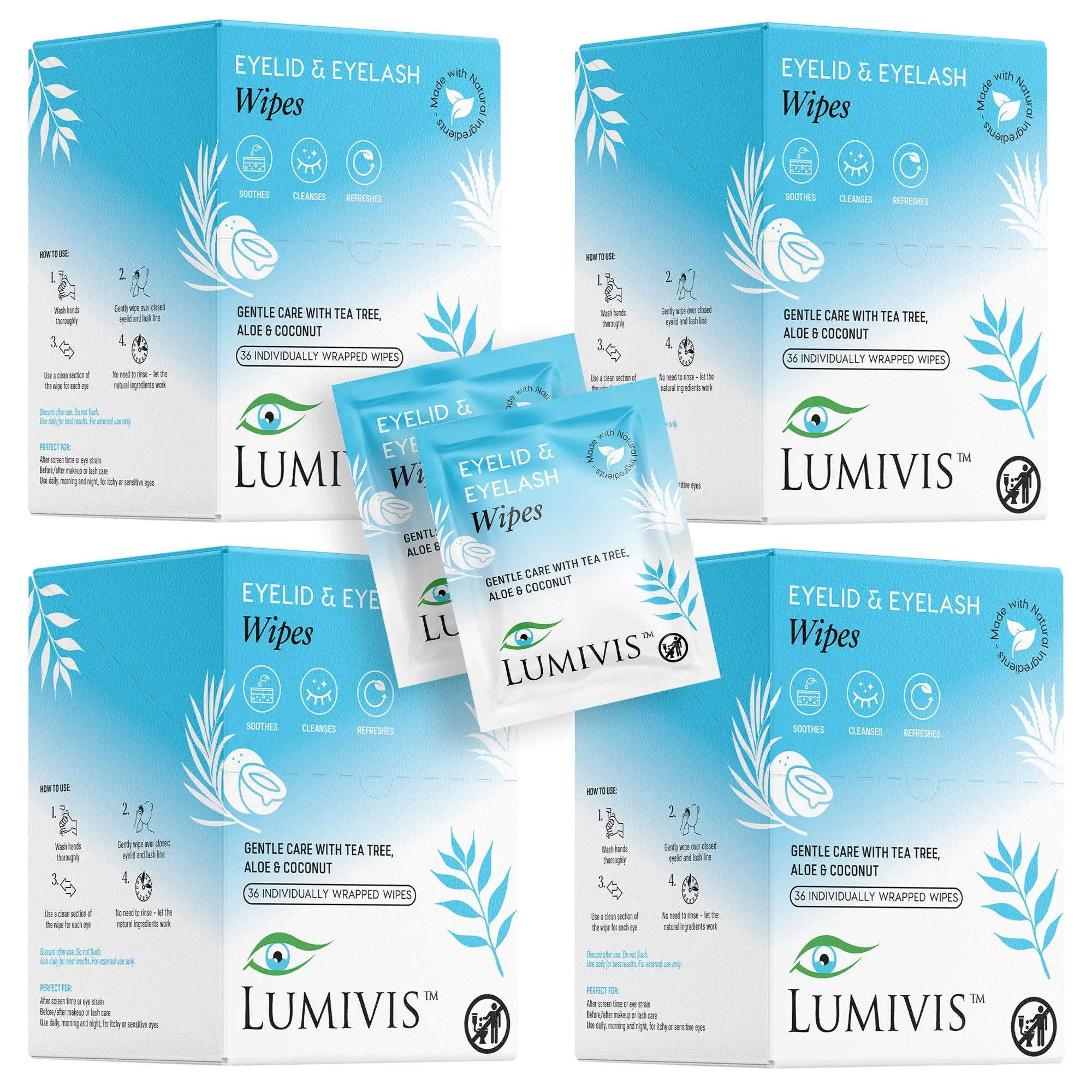 LUMIVIS Tea Tree & Coconut Oil Eyelid Wipes, Gentle Daily Eye Cleanser and Makeup Remover for Sensitive Skin, 144-Count, Cleansing, Moisturizing