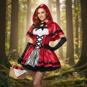 Gothic Red Riding Hood Costume - Elegant Dark Fairytale Dress with Hooded Cape for Halloween Cosplay Parties Themed Events Lace Trim Velvet Medieval Style Vintage Inspired Women's Outfit