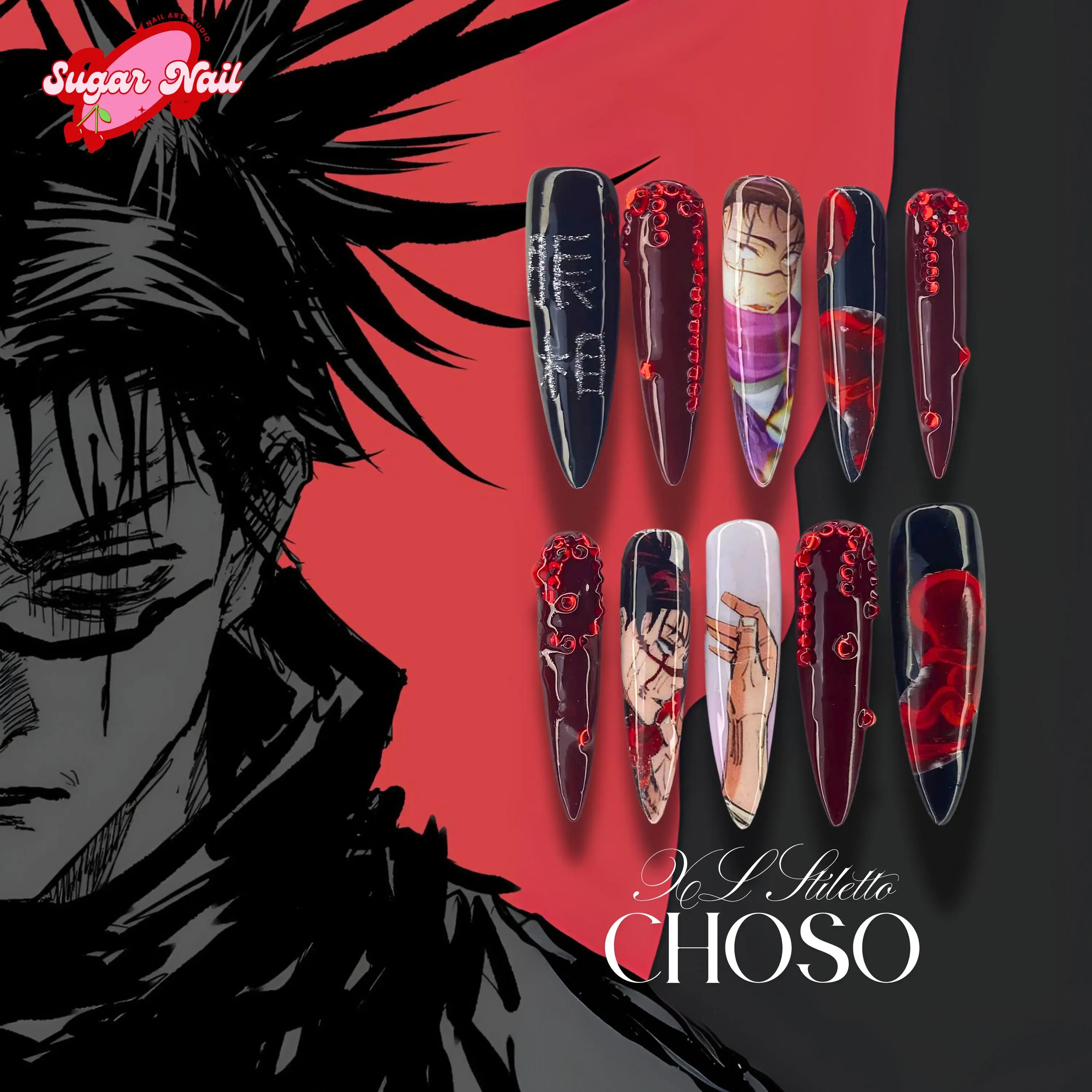 Cho.so Anime Nail, Blood Art Inspired Press On Nails, Red Black Anime Nail Set, Otaku Cosplay Nails, Gift for Anime Fan, JJK Style Nails