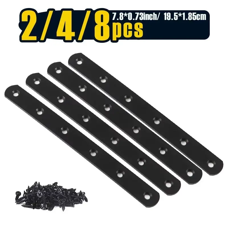 2/ 4/ 8pcs, Black Straight Brace Brackets 19x195mm Stainless Steel Flat Mending Plates, Repair Fixing Joining Brackets (Screws)