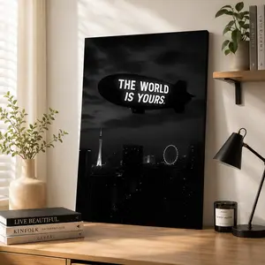 The World Is Yours Canvas Wall Art, Black & White Airship Night Scene Print for Modern Home Decor Poster