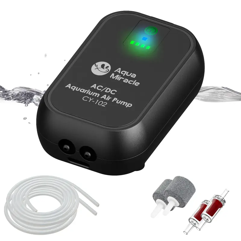 AquaMiracle Rechargeable Li-ion USB Aquarium Air Pump - 4000mAh, 2W, 0.015mpa Output, 120gal Capacity, 15s/15s Power Save, Single/Dual Outlet, Portable, Check Valve, Airline Tubing, Periodic Mode for Freshwater/Saltwater, Power Outages
