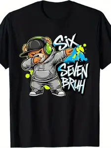 ' 67 Funny Six Seven Bruh T-Shirt - Gen Z Slang Meme Tee with 6/7 Number Design & Bear-like Character, Casual Loose Fit Short Sleeve Shirt for Kids (Sizes 51.18-62.99inch) - Gen Alpha Streetwear