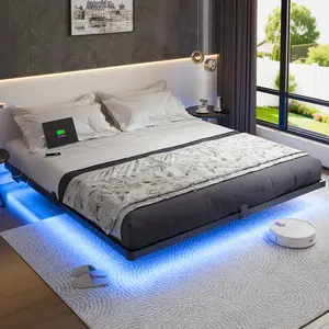 DAYAGO Full/Queen/King Size Floating Bed Frame with LED Light & Charging Station Metal Platform Noise-Free Easy Assembly No Box Spring Needed