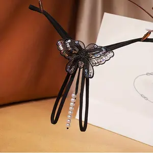 1pc Chic Womens Lingerie - Seductive G-string Thong with Butterfly Accent & Faux Pearl Detail - Crotchless, Comfortable, Perfect for Romantic Gifts