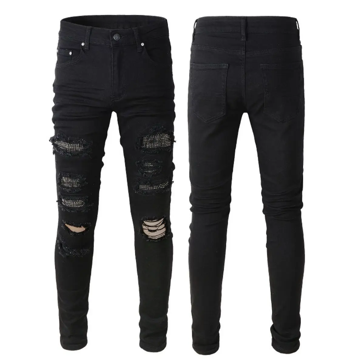 Men's Korean Grunge Denim Jeans - 2026 Ripped Cotton Trousers, Small Straight Slim-Fit Black Streetwear Bottoms with Zipper, Diamond Studs, Basic Casual Design, Grunge Men's Jeans