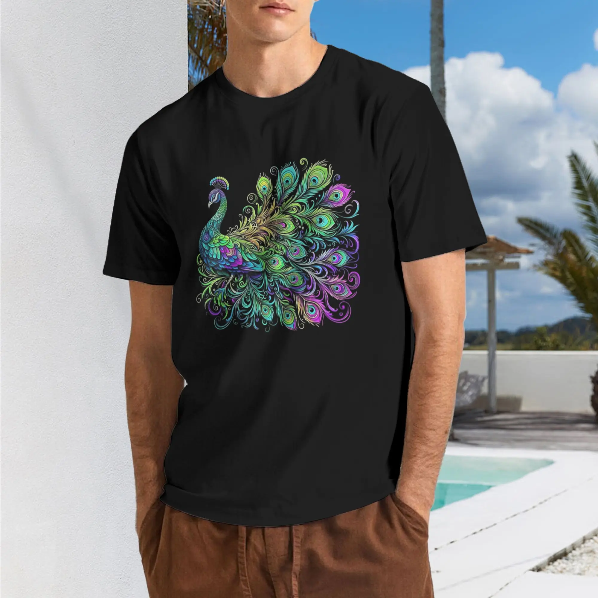 Psychedelic Peacock T-Shirt - Vibrant Tee for Bird Enthusiasts, Men'S Casual Short Sleeve Funny Graphic Tee, Ideal for Daily Wear And Sports, Fun Print T-Shirt, Relaxed Fit