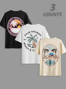Men's Artistic Letter Palm Tree Print Tropical Round Neck Short Sleeve T-Shirt 3-Pack Casual Graphic Tee, Casual Comfortable Top for Summer Outdoor Wear, Menswear
