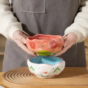 Irregular Hand Drawn Flowers Print Household Ceramic Bowl