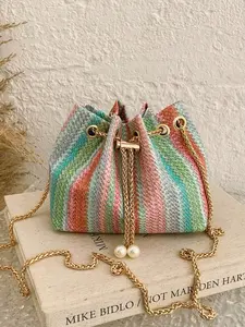 1pc Mini New Fashion Straw Woven Chain Drawstring Bucket Bag, Boho Style, Striped Pattern, Beach Bag, Summer, Handbag Crossbody Bag