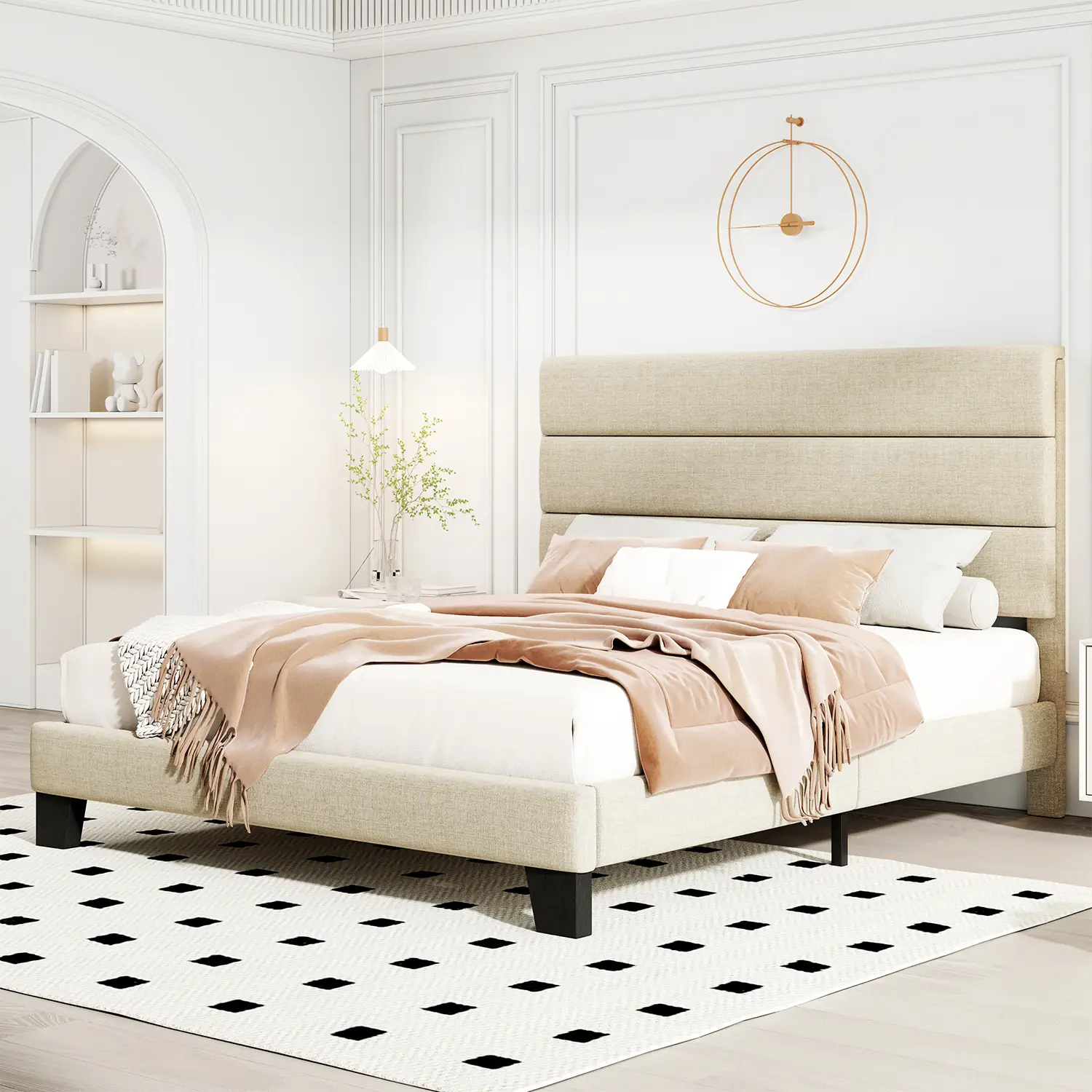 HOOMIC Full/Queen/King Upholstered Platform Bed - Fabric Headboard with Strong Wood Slats, 【Frame Only No Mattress】Beige/Dark Grey/Navy Blue/Velvet Bl