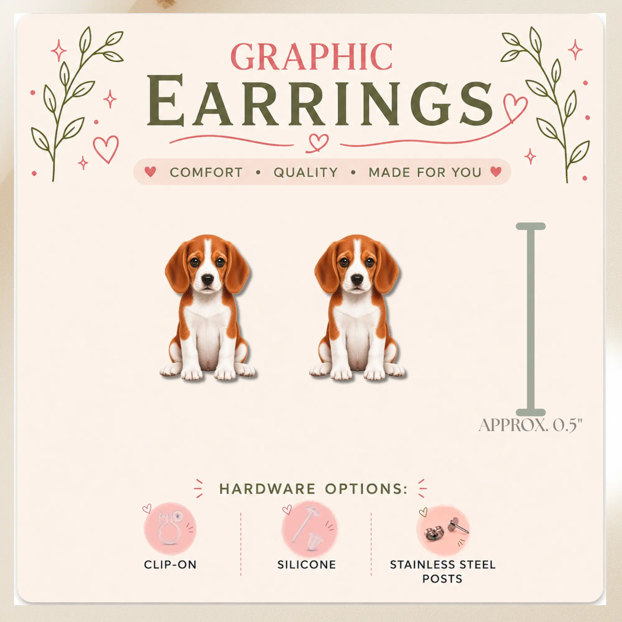 Beagle Stud Earrings, Beagle Dog Earrings, Puppy Stud Earrings, Dog Lover Gift, Beagle Jewelry, Cute Dog Graphic Stud Earrings