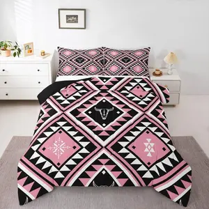 Rustic Southwestern Comforter Set,Pink Boho Aztec Bedding Set,Teen Girls Bull Skull Western Comforter Tribal Bohemian Quilt Diamond Duvet Set,Farmhnouse Room Decor