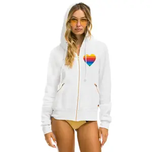 RAINBOW HEART STITCH ZIP HOODIE W/ POCKETS - WHITE