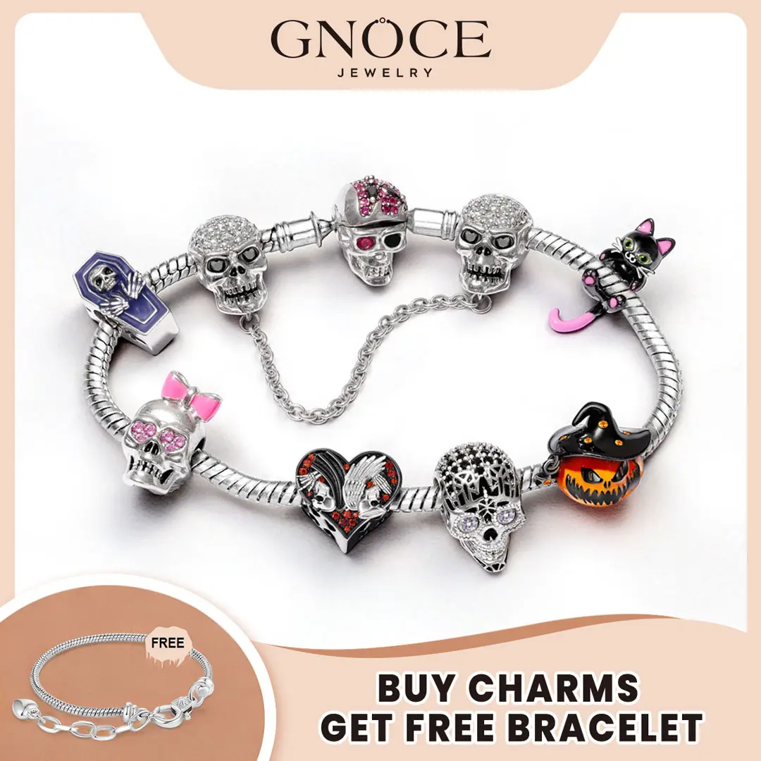 GNOCE Women's S925 Sterling Silver Jack O'Lantern Charm Bead, Gothic Punk Halloween Collectibles with Cubic Zirconia, Fits Bracelets & Necklaces, Goth, Bat, Enamel, Snake, Pumpkin