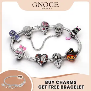 GNOCE Halloween Charm Bead for Bracelets Cubic Zirconia & Enamel Jack-O'-Lantern Pumpkin Skull Black Cat Bat Spooky Ghost Beads for Women Girls Gothic Punk Style Fits Snake Bracelets Necklaces