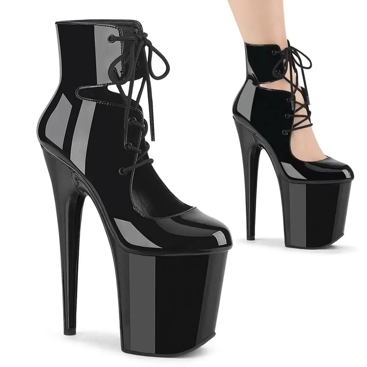 Pleaser Flamingo-800-22 Women's Platform Cutout Bootie Pump Black Patent/Black