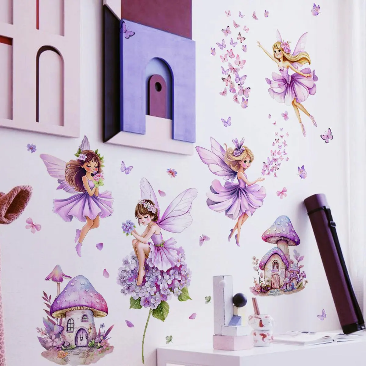 Fairy Pattern Wall Sticker, 4 Counts/set Self Adhesive Wall Decal, Wall Art Decorative Sticker for Home Living Room Bedroom, Ornaments, Sticker Decorations, Butterfly, Floral