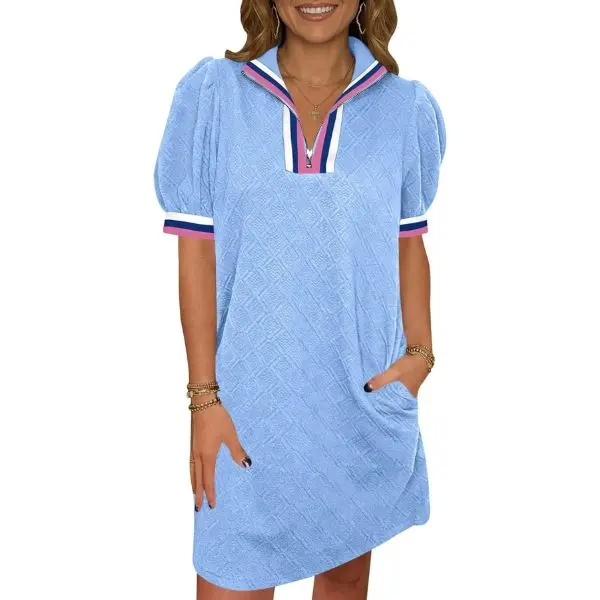 FISOEW Women's Summer Polyester-Elastane Short-Sleeve Puff-Sleeve Quarter-Zip V-Neck Mini Beach Dress - Textured Fabric, Loose-Fit, Casual Athletic Style, S-2XL Plus Size, Black/Pink/Sky Options, Zipper Detail