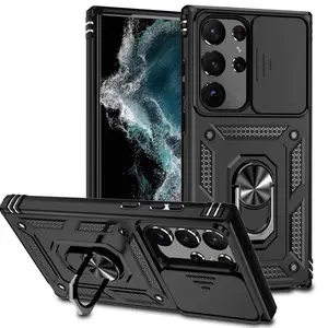 Shockproof Armored Phone Case with Sliding Camera Cover and Built in Rotating Ring Bracket for Samsung S25 S24 S23 Ultra Plus, Complete Camera Protection Cover Suitable for Family Gifts, Christmas Gifts