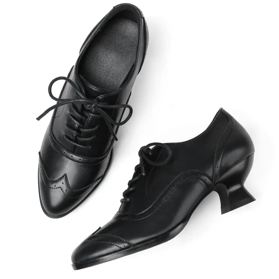Women's Oxford Brogue Booties - Lace-Up, Faux Leather, Chunky High Heel, Brogue Stitch, Vintage Timeless Style, Comfortable, Sleek, Versatile Shoe for Office Wear, All Seasons, Perforated