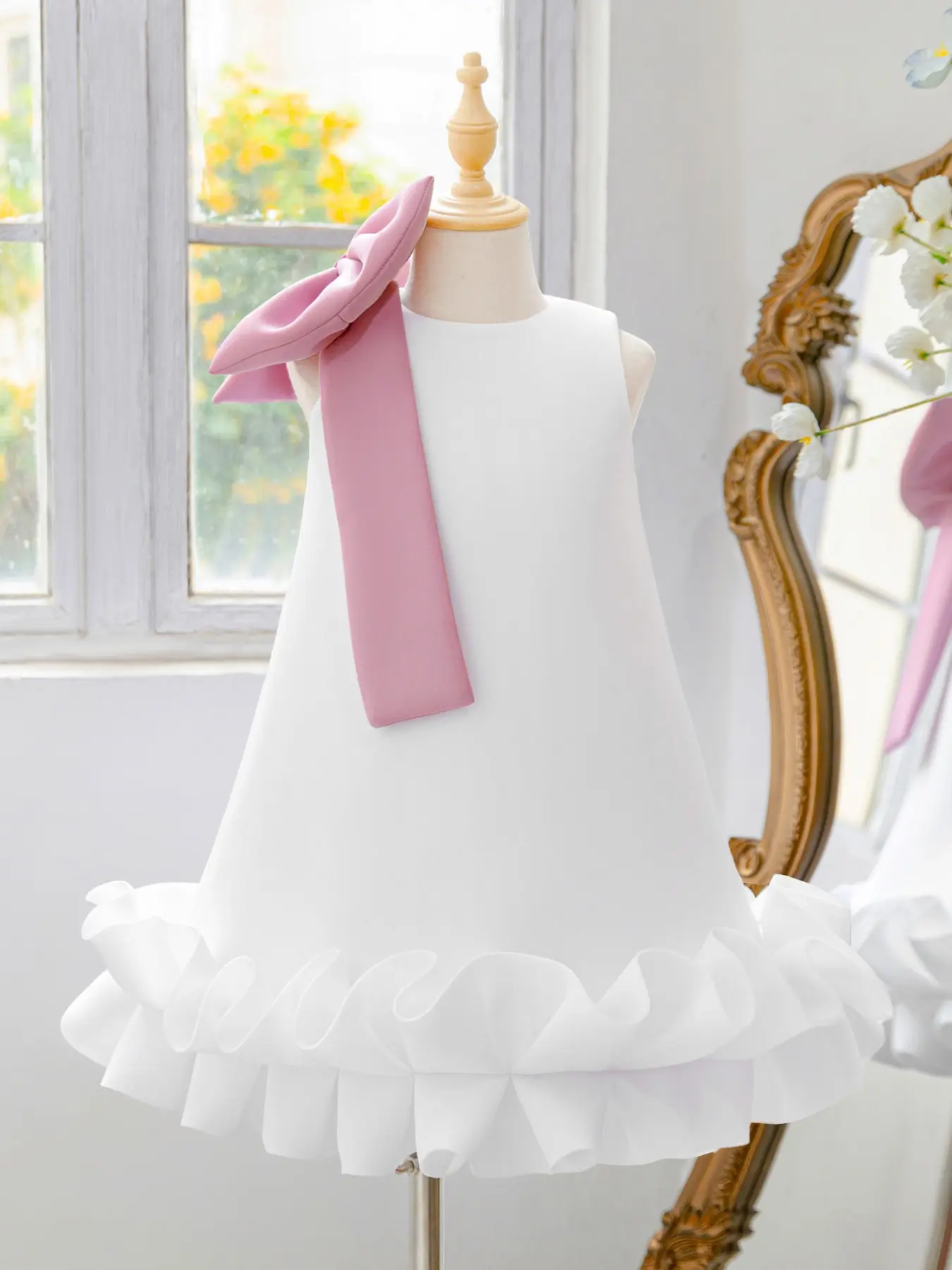 4-8Y Big Bow Kids Clothes White Flower Girls Frock Ball Gown Pageant Children Elegant Princess Prom Host Formal Evening Party Banquet Cocktail Red Dress Kindergarten Graduation Outfit
