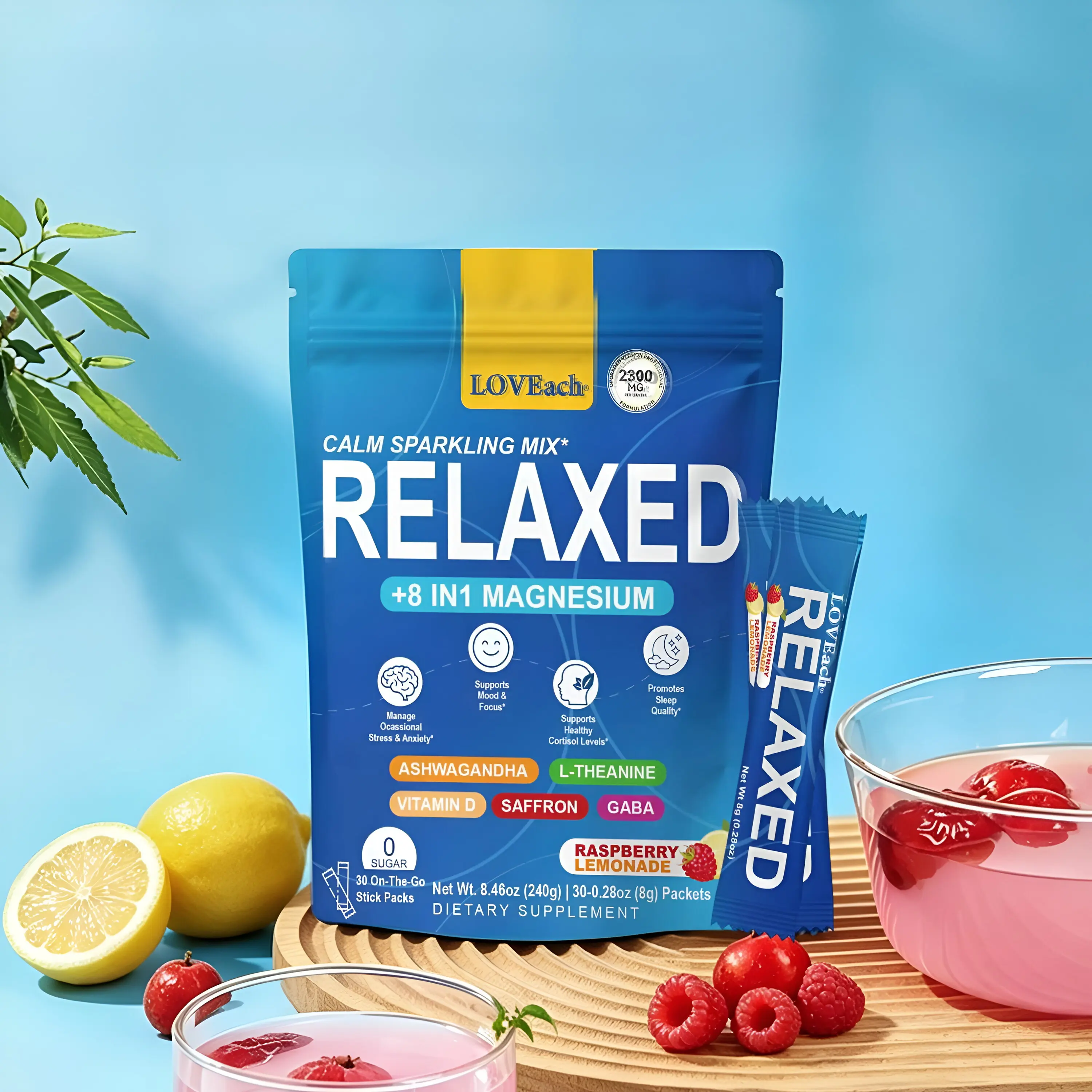 8-in-1 Calming Magnesium Powdered Supplement Drink Mix - 1500mg Ashwagandha KSM, GABA, L-Theanine, Saffron, Vitamin D, 0 Sugar Raspberry Lemonade - Anxiety, Adaptogenic, Easy Calm Support, Sleep & Brain Health Dietary Supplement Edible Dietary Supplement