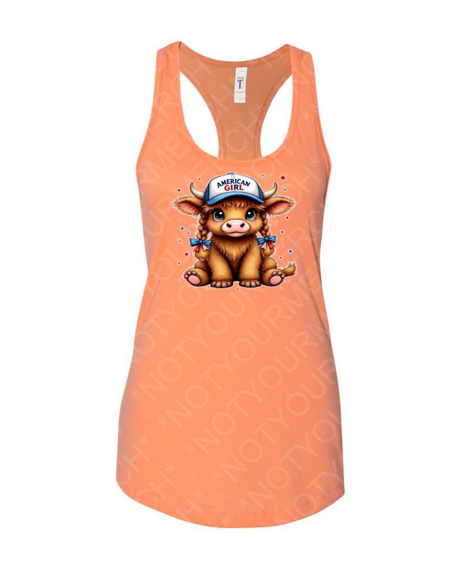 American Girl Highland Cow Tank – Cute Patriotic Animal Top