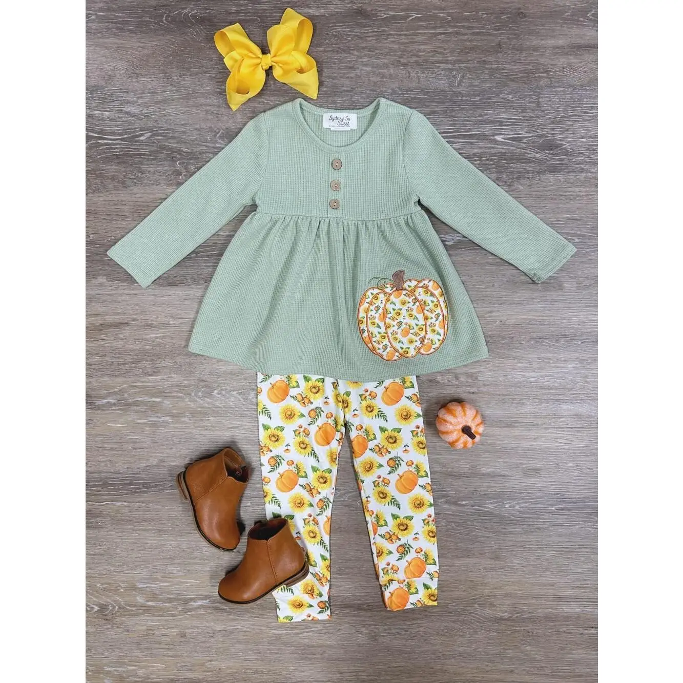Pumpkin & Sunflower Patch Tunic & Leggings Girls or Toddler Fall Outfit Waffle Knit Set