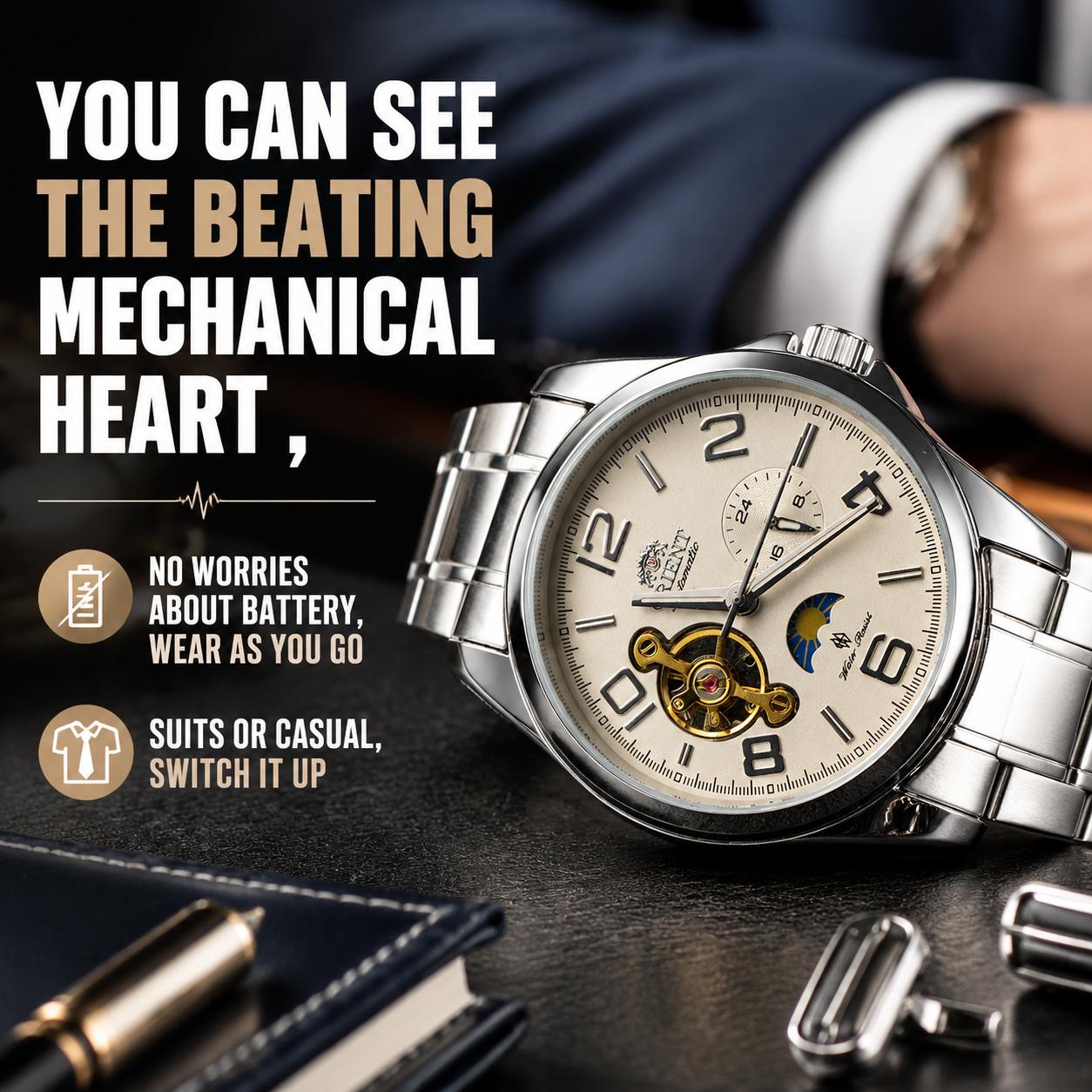 Orient Men Automatic Mechanical Watch, Open Heart Skeleton Dial, Moon Phase & 24-Hour Indicator, Stainless Steel & Leather Strap Options, Classic Business Casual Wristwatch, Luminous Numerals, Water Resistant Dress Watch for Men