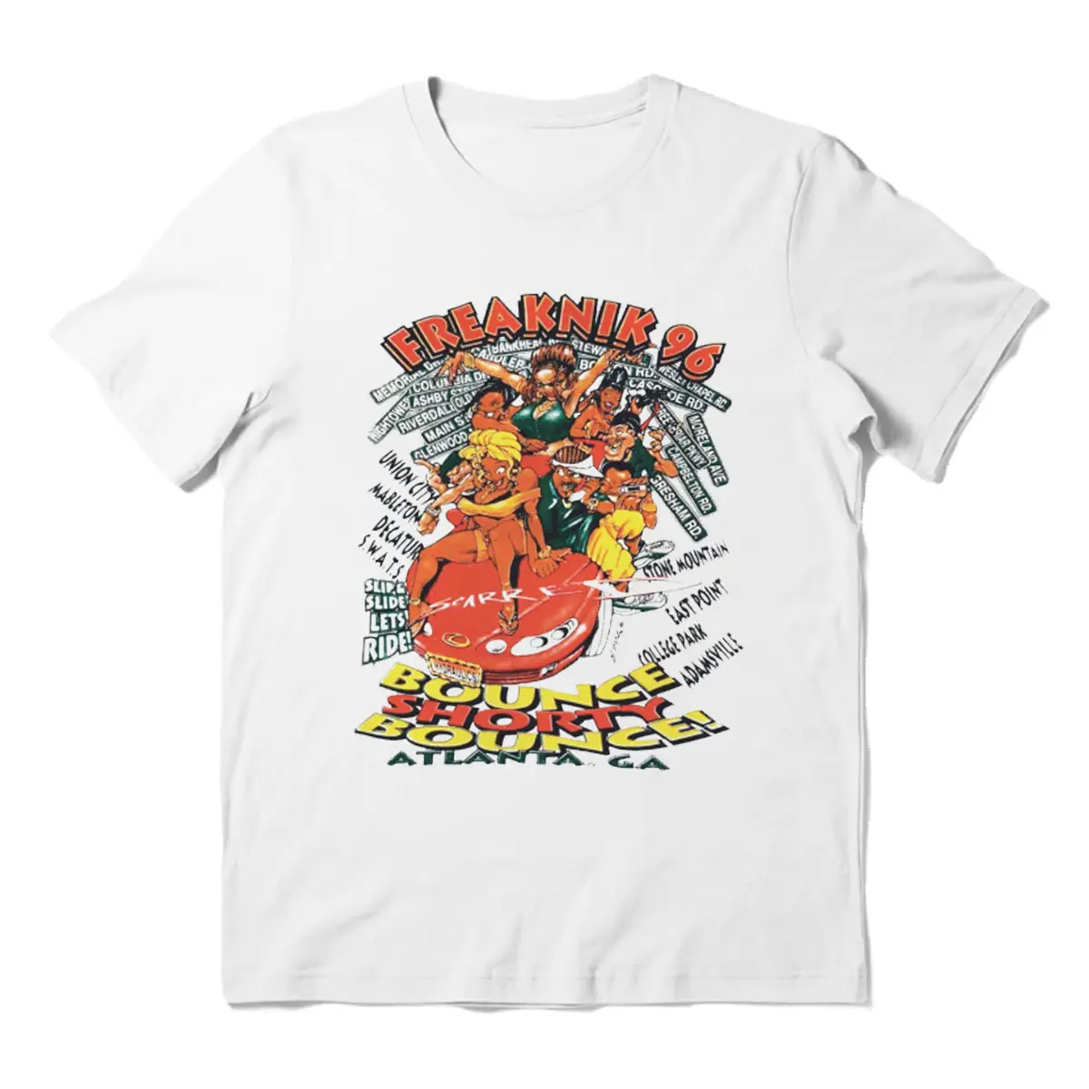 96s Freaknik Atlanta 1996 Bounce Hip Hop T-Shirt Vintage White Casual Cotton Fabric Menswear Shirt