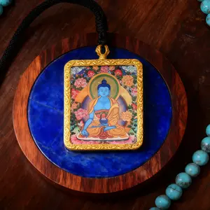 Blue Healing Buddha Thangka Pendant Xizang Hand-Painted Amulet for Healing & Well-being Traditional Tibetan Artwork with Golden Frame
